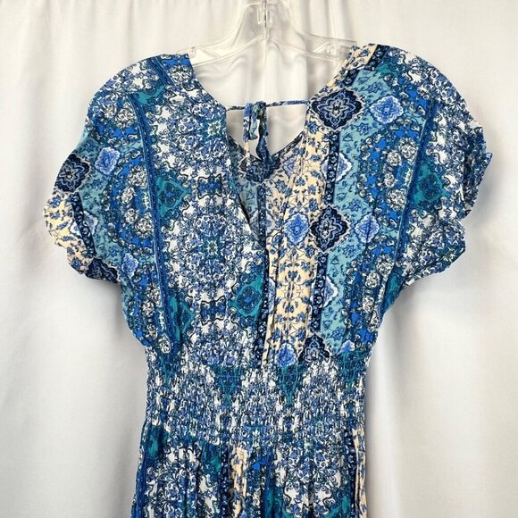 Gypsies & Moondust Paisley Maxi Dress V-Neck Short Sleeve Blue/Multi Size Small - Picture 6 of 9